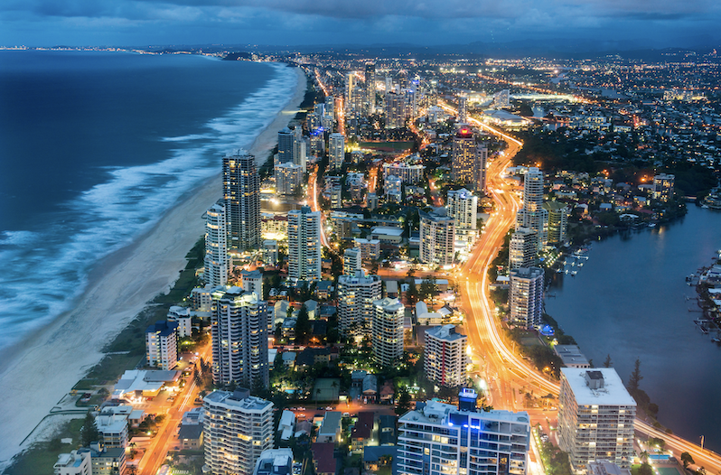 The east coast of Australia lit up with city lights.