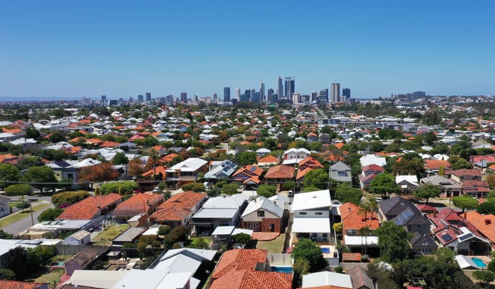 Aerial view of Perth skyline and suburb.