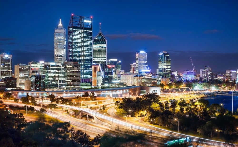 View of Perth skyscrapers and buildings at night.